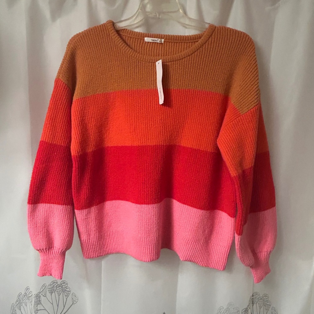 Striped Color Block Sweater Pullover Long Sleeve Knit Top - Picture 4 of 7